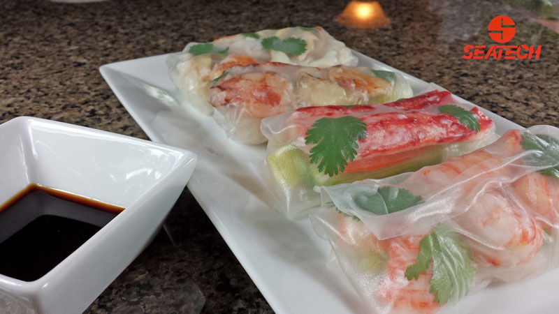 A photograph of Chilean king crab, Chilean crab meat and langostino spring rolls.