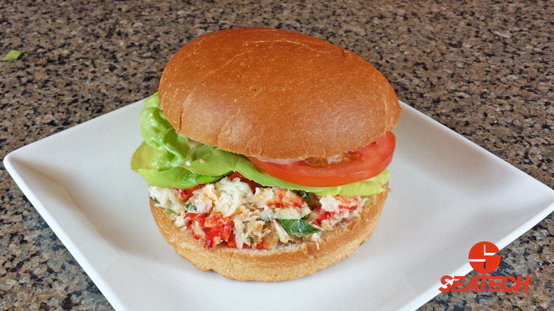 A photograph of a Chilean king crab burger