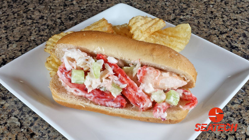 A photograph of a classic Chilean king crab roll.