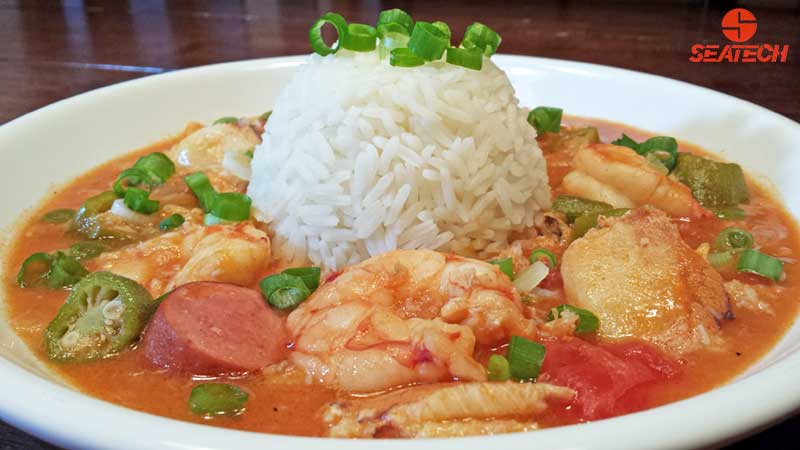 This is a photograph of crab and shrimp gumbo featuring Argentine red shirmp and Chilean rock crab meat.