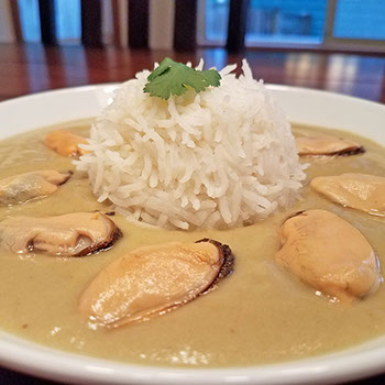 Green curry mussels with basmati rice.