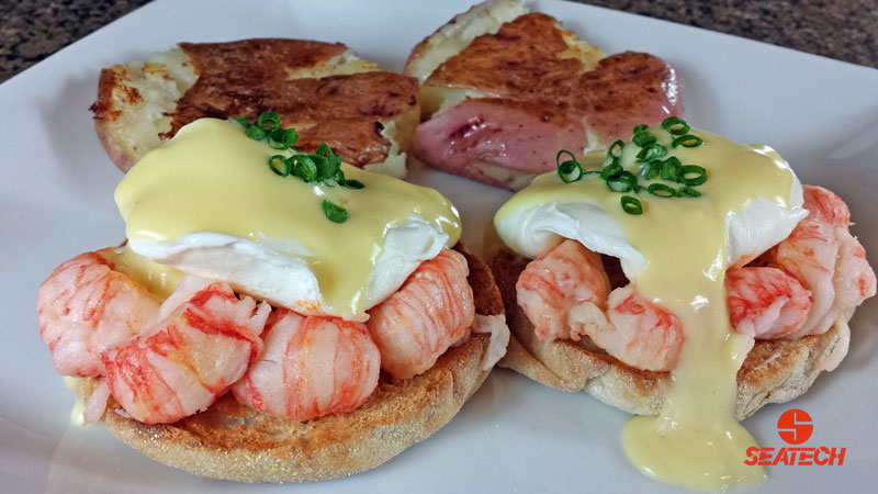 A photograph of langositno lobster eggs benedict.