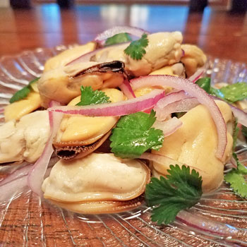 Mussel ceviche with Seatech mussel meat, sliced red onion, cilantro and lime juice. www.seatechcorp.com