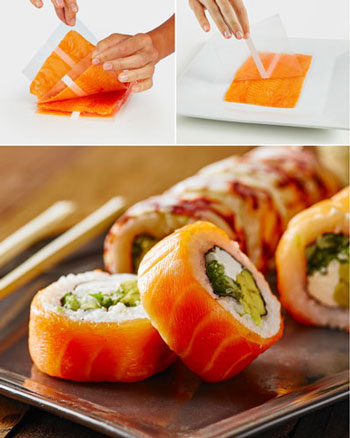 Salmon sheets instructions and sushi rolls made with salmon sheets.